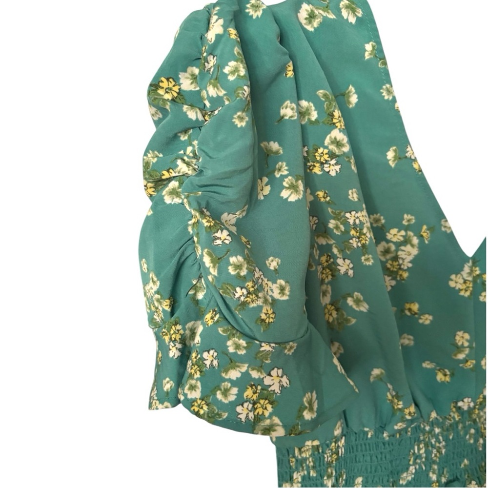 Floral Cottagecore Bluish Turquoise Blouse with Ruffle Sleeves, Size Medium - Picture 3 of 7